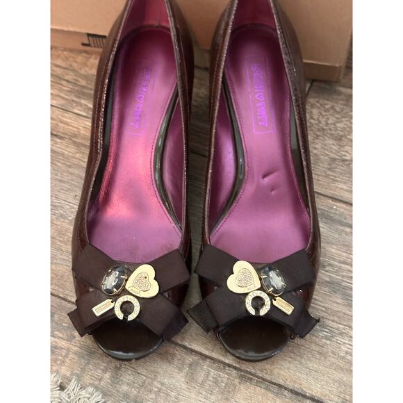 Coach Women's Brown Patent Leather JAYDEN PEEPTOE Wedge Pumps Heels Size 8 - Picture 2 of 13